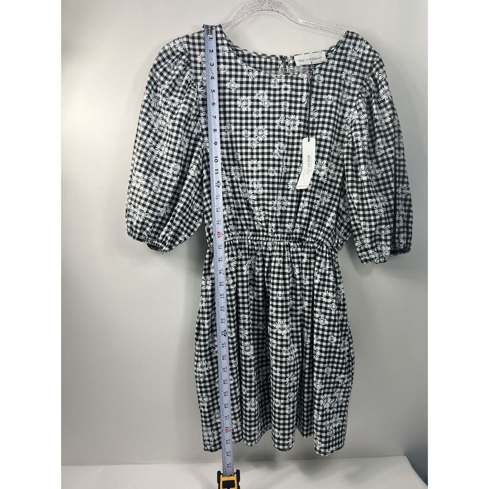 Self Contrast Black And White Floral Checkered Mini Dress Women's Size L NWT